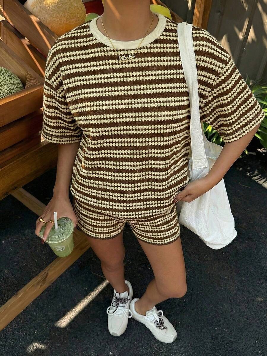 Women's Crew-Neck Spliced Short-Sleeve T-Shirt & Shorts Set