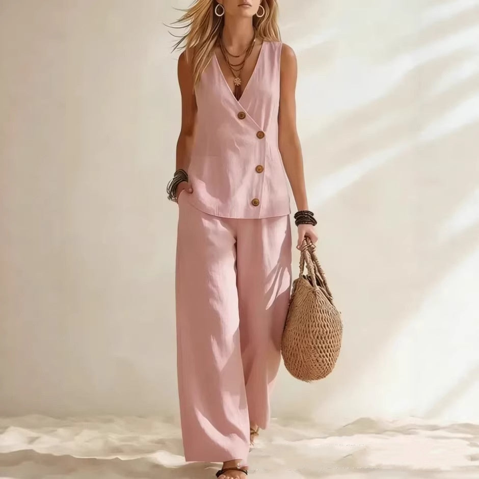 Women's Button-Up Cardigan Vest & Pants Set – Sleeveless Two-Piece