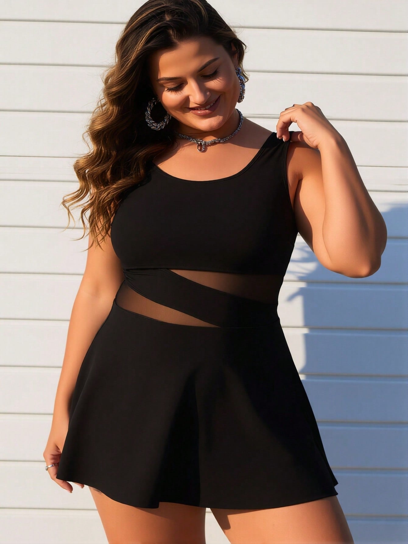 Women's Plus Size Swimdress — Black Mesh Cutout Waist & Flared Skirt