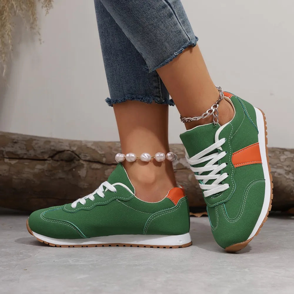 PU Leather Contrast Round Toe Flat Sneakers – Lace-Up Casual
