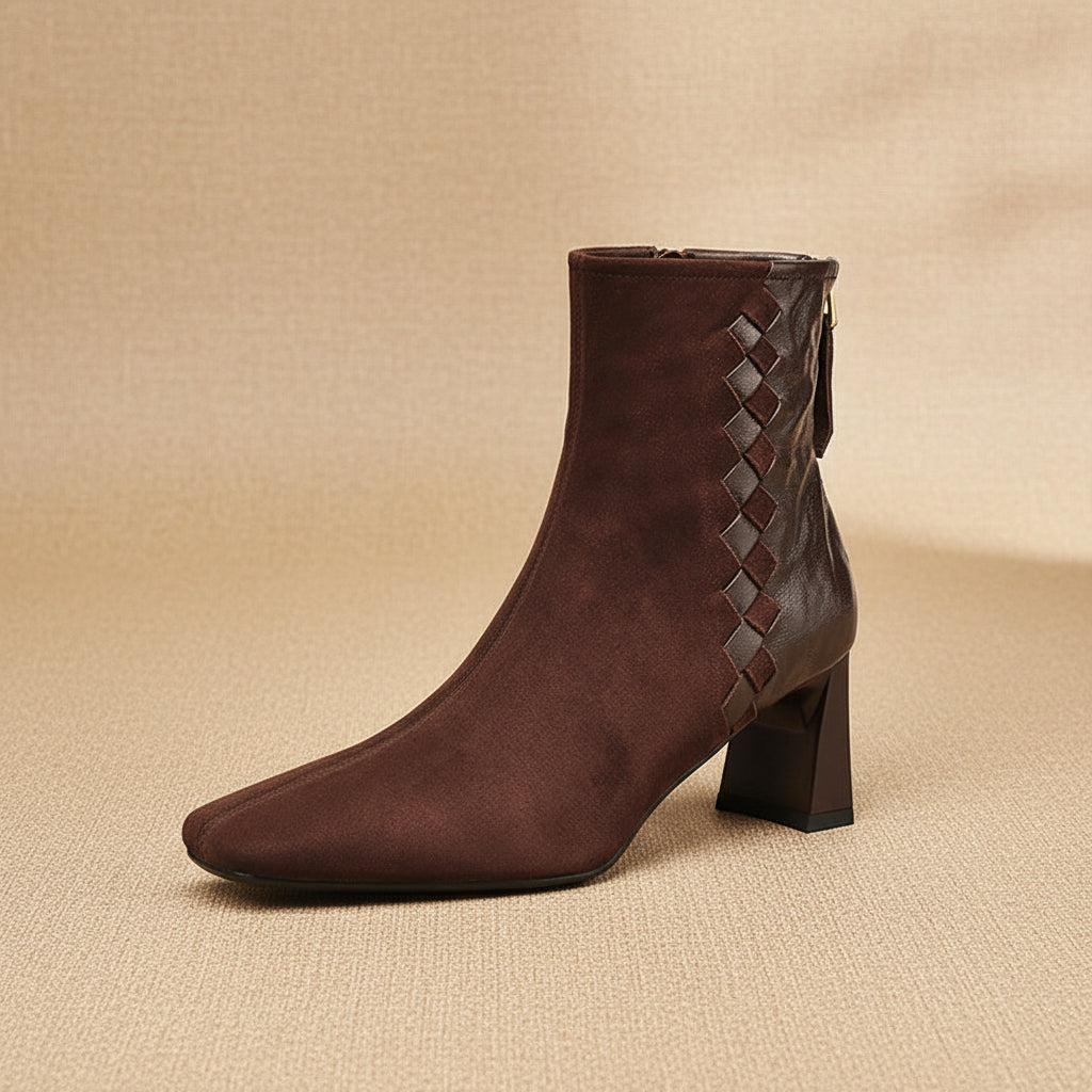 Women's Sheepskin Square Toe Chunky Heel Ankle Boots – Korean Patchwork Style