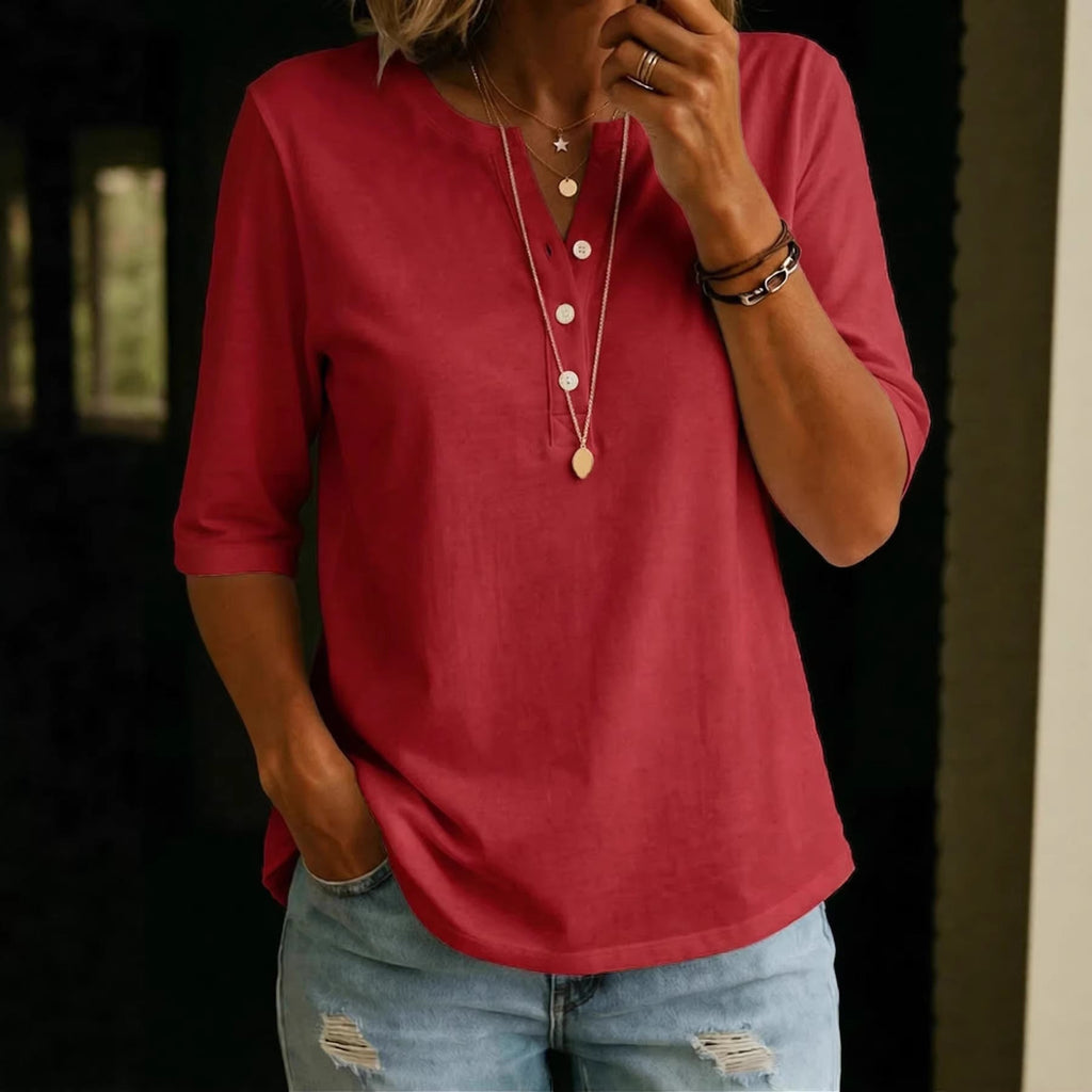 Women's Solid Color Henley Button-Up Short Sleeve Top