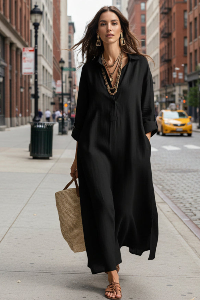 Women's Casual Long-Sleeve Linen Shirt Dress – Relaxed Fit