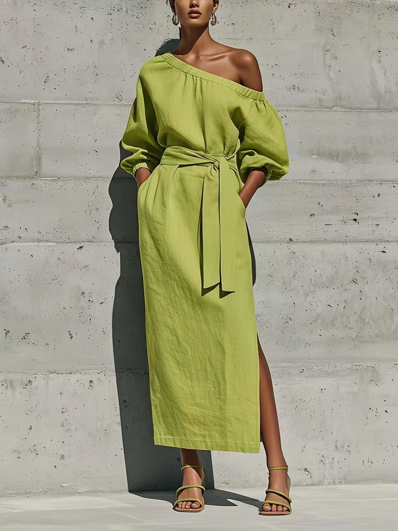 Women's Asymmetric Neck Linen Maxi Dress – Belted with Side Slit & Pockets
