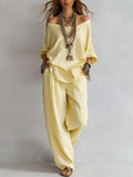 Chiffon Puff-Sleeve Top & Wide-Leg Pants Set – 15 Colors