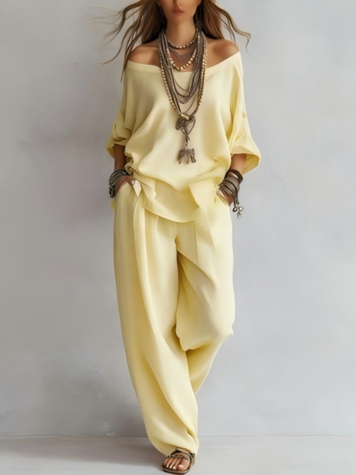 Women's Off-Shoulder Top & Wide-Leg Pants Set