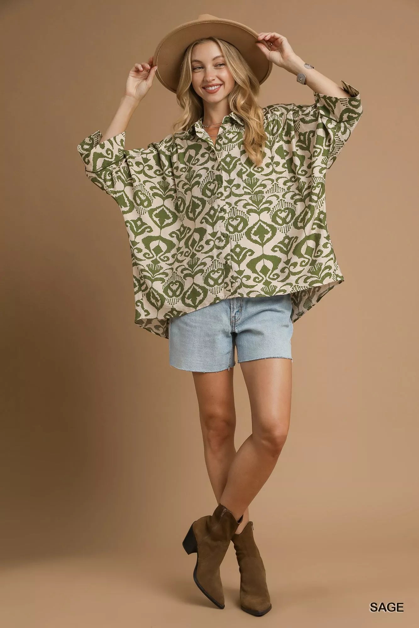 Umgee Abstract Print Button-Up Oversized Shirt