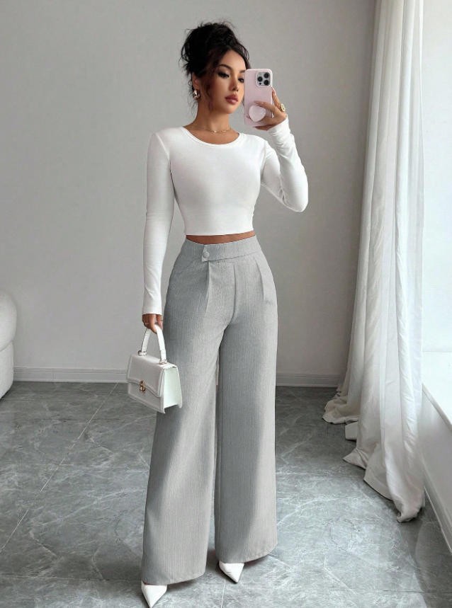 Women's High-Waist Straight-Leg Pants – Solid Color Button Detail Full Length
