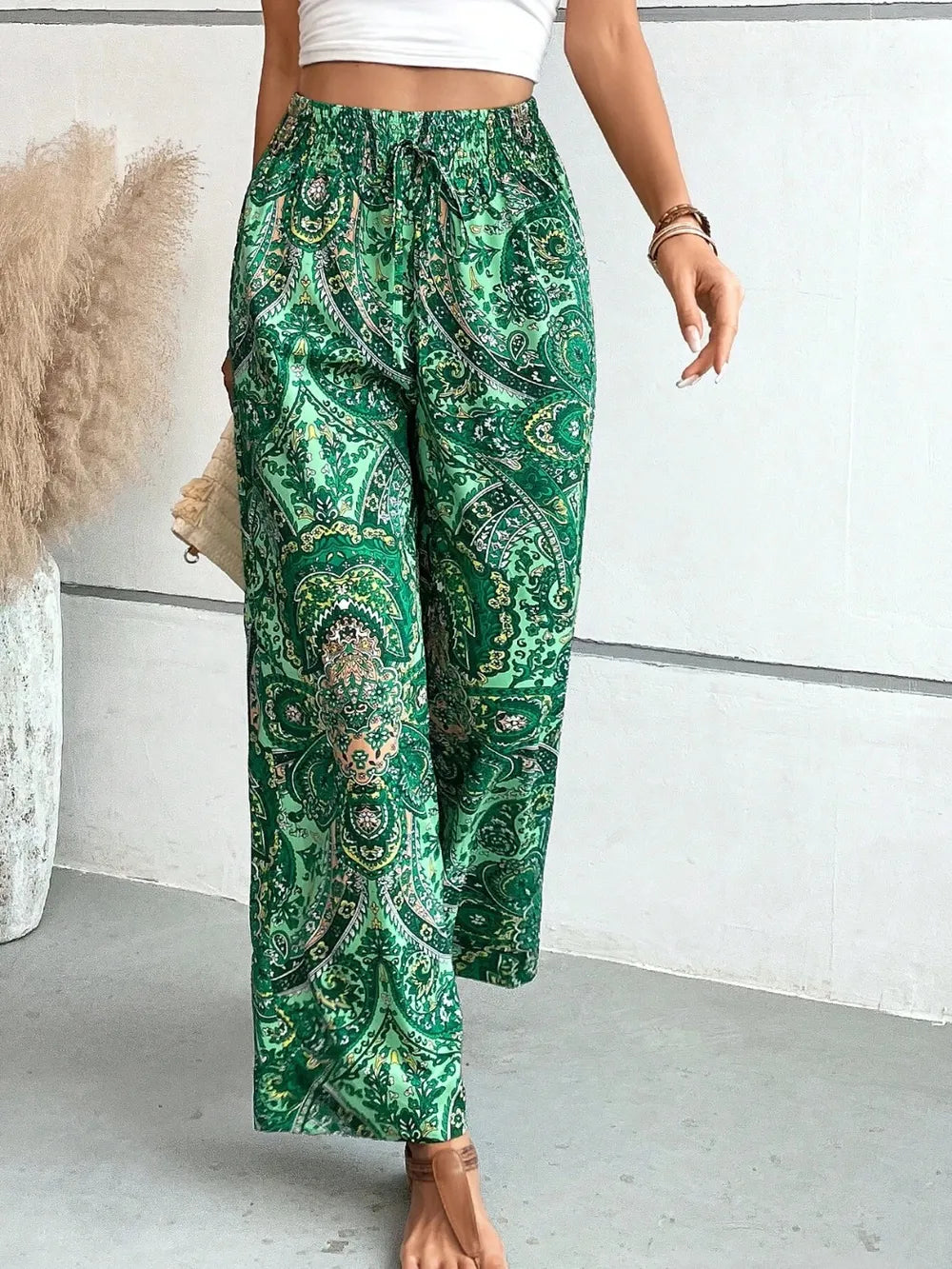 Women's Paisley Print Wide-Leg Pants – Boho Smocked Elastic Waist Tie-Up Flowy Trousers