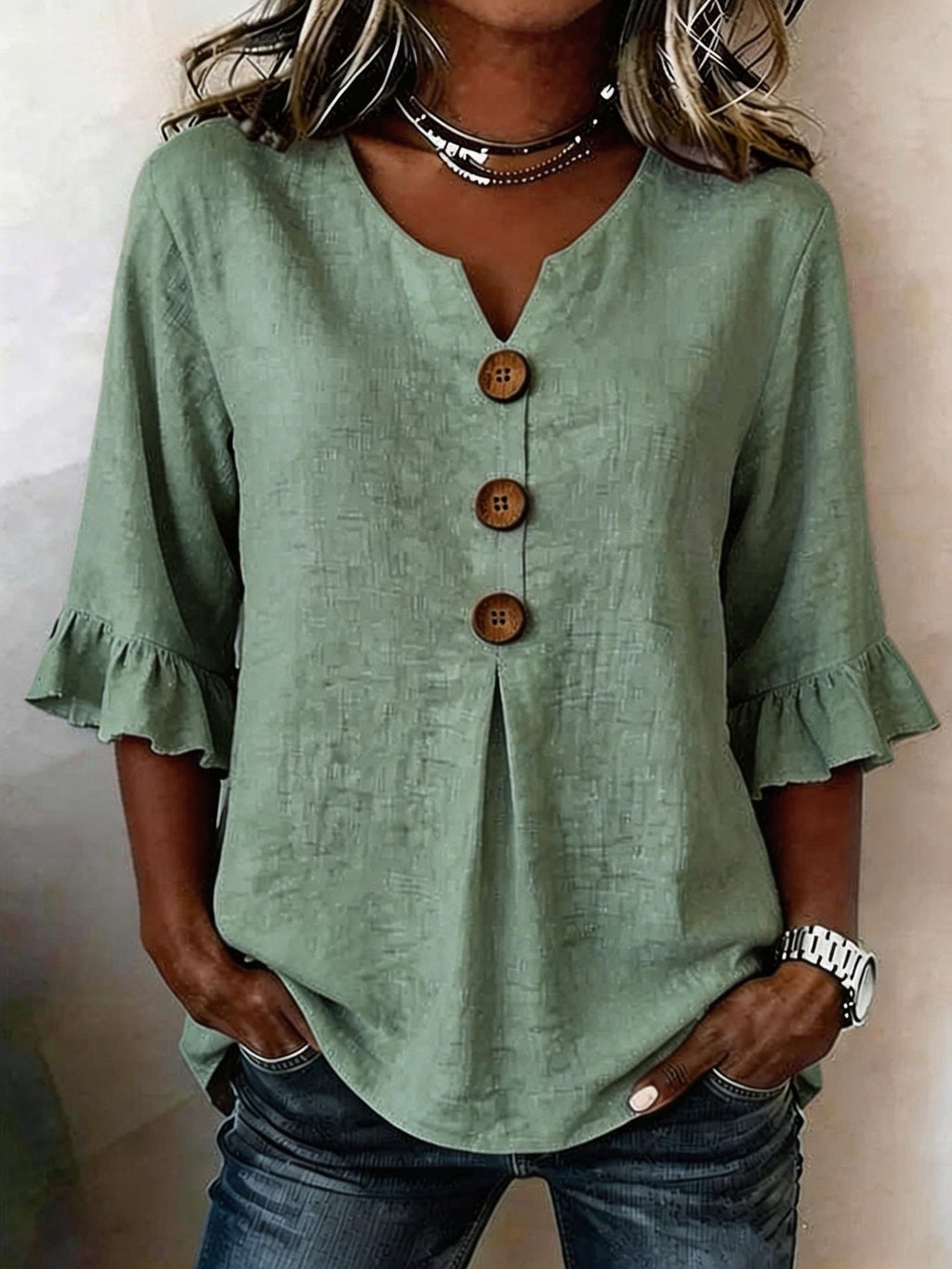 Women's Cotton Linen V-Neck Button-Up Blouse — Summer Casual Top