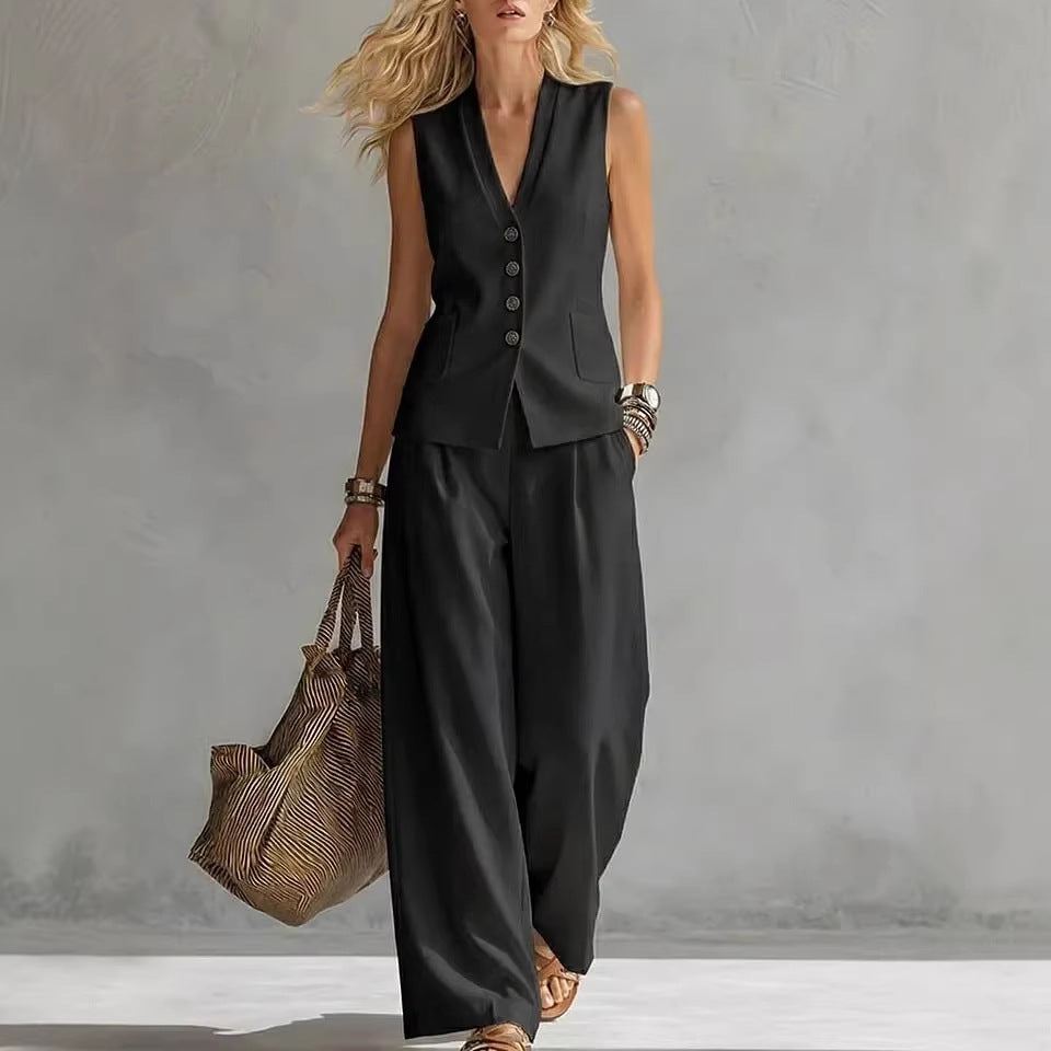 Women's Solid Linen Sleeveless Tank Top & Full-Length Pants Set