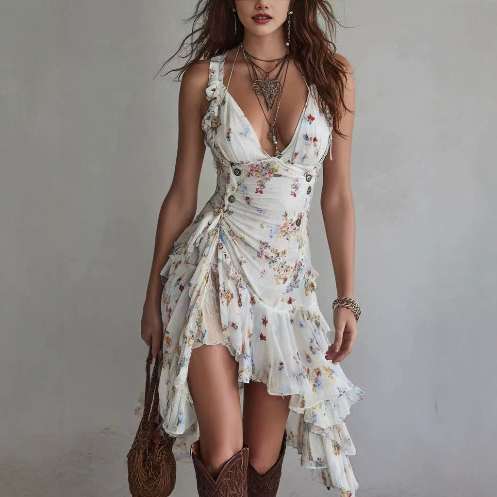 Chiffon Floral Print V-Neck Lace-Up Ruffled Dress – Women's Slim Fit Asymmetric Hem