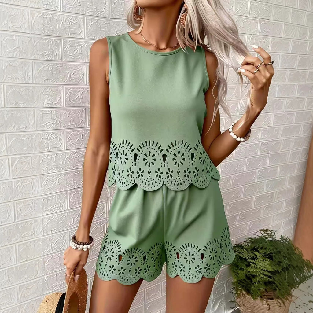 Women's Elegant Hollow-Out Floral Top & Pants Set – 2-Piece