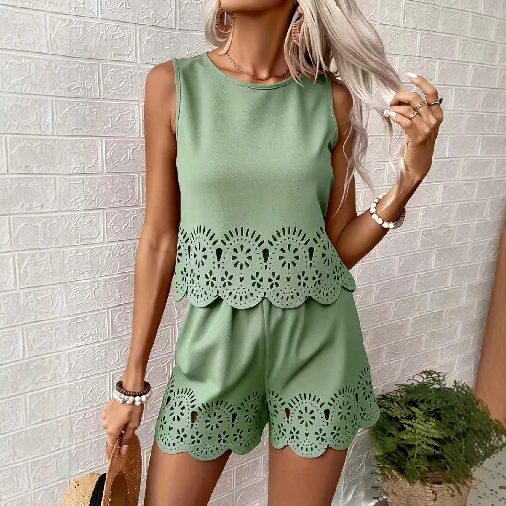 Women's Elegant Hollow-Out Floral Top & Pants Set – 2-Piece
