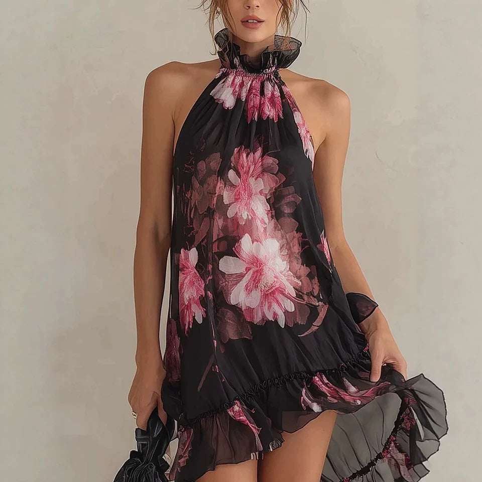 Women's Floral Print Chiffon Off-Shoulder Mini Dress | High Waist A-Line Strapless Summer Dress