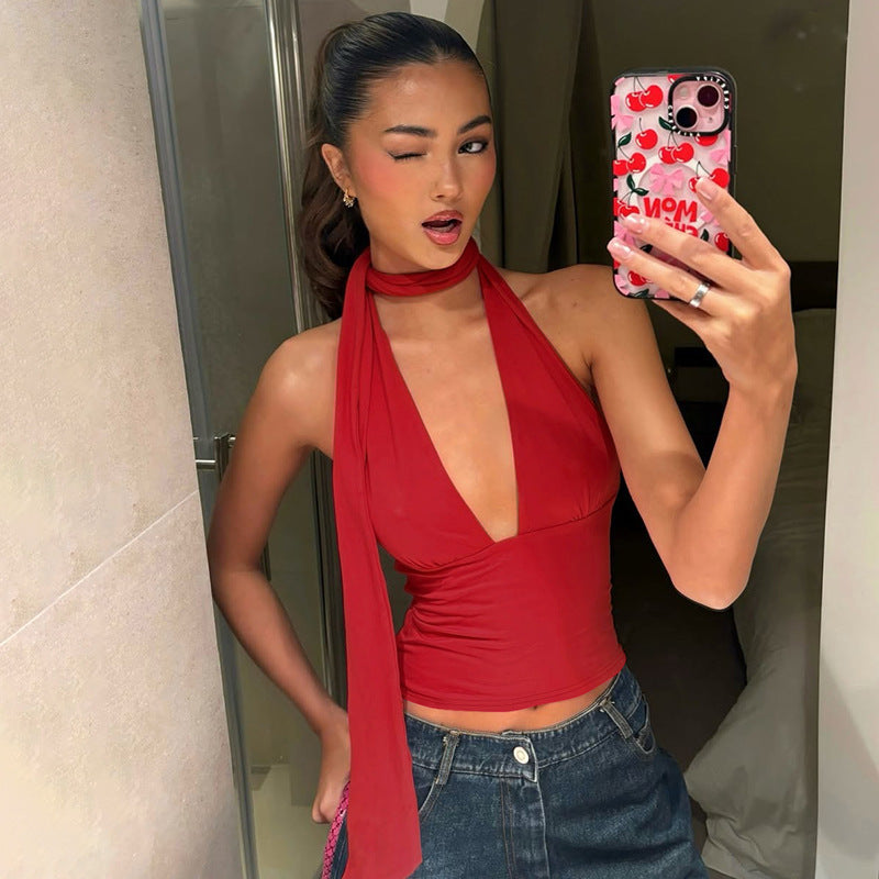 Women's Scarf Lace-Up Low-Cut Back Cutout Sling Top