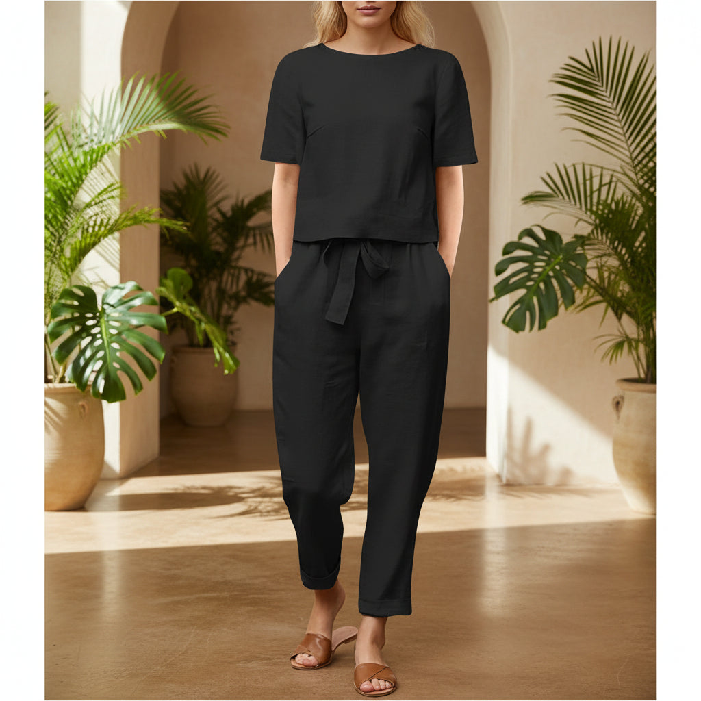 Wide-Leg Pants Two-Piece Set – Solid Color Casual Lounge Suit