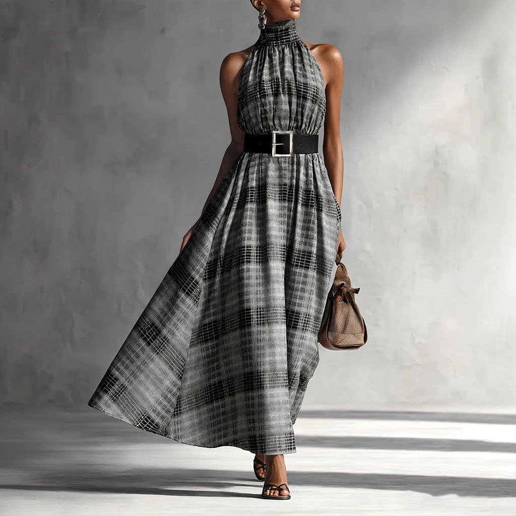 Sleeveless Plaid High Waist Lace-Up A-Line Maxi Dress for Women – Black & White Check