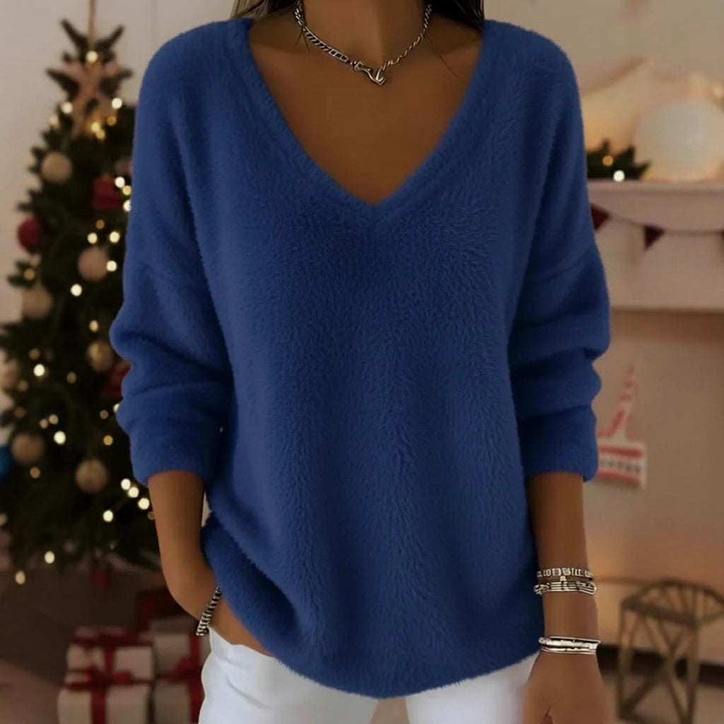 Women’s Plush V Neck Drop Shoulder Pullover Sweater