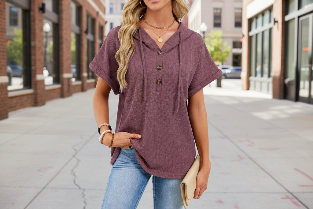 Women's Waffle Knit Hooded Short-Sleeve Top – Drawstring Button Pullover