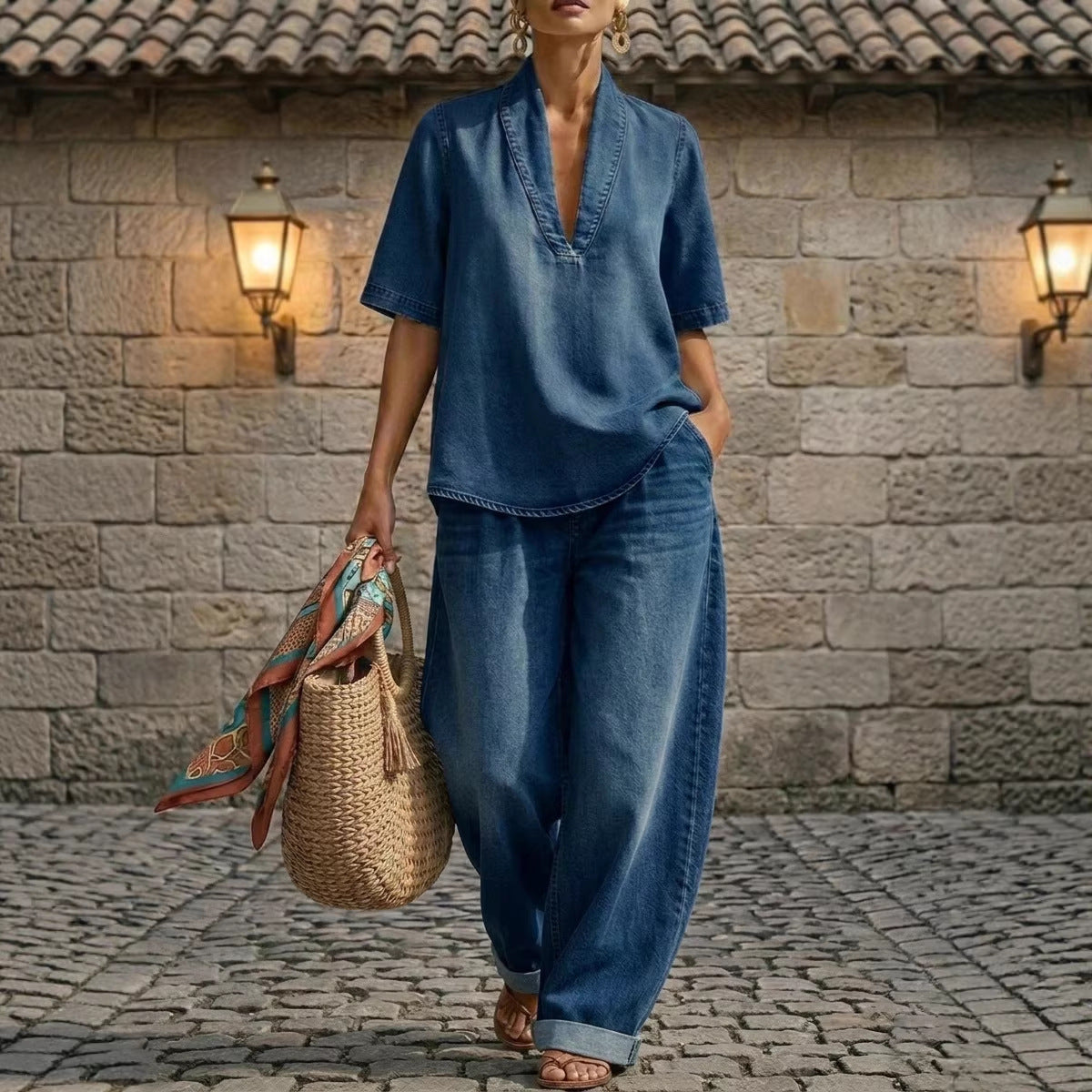 Retro V-Neck Washed Denim Top & Wide-Leg Pants Set – 3 Colors, S–3XL