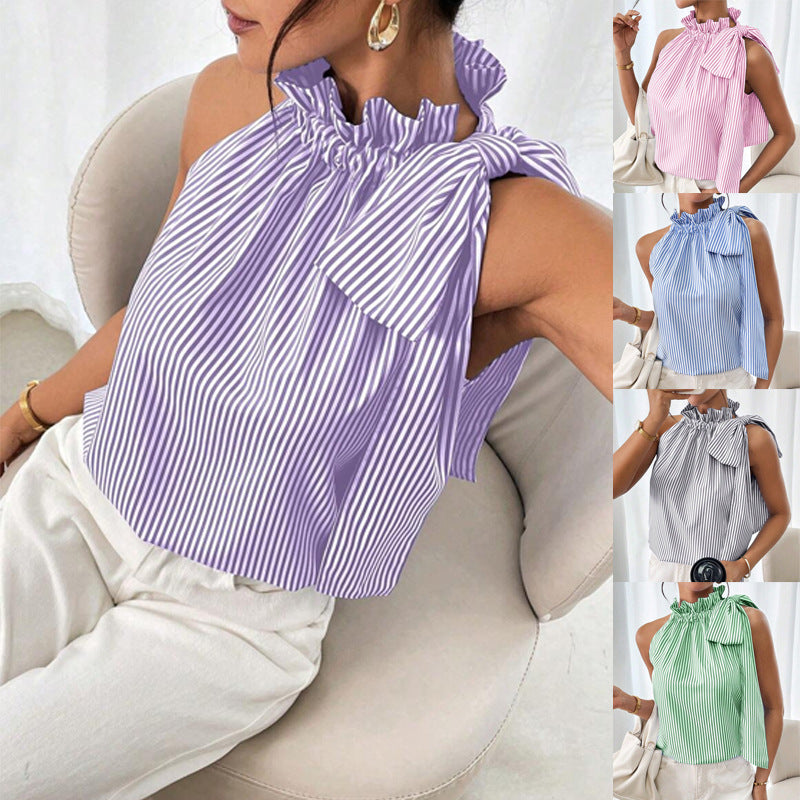 Women's Striped Sleeveless Top – Ruffle High Neck Lace Trim Tie-Knot Bow Blouse