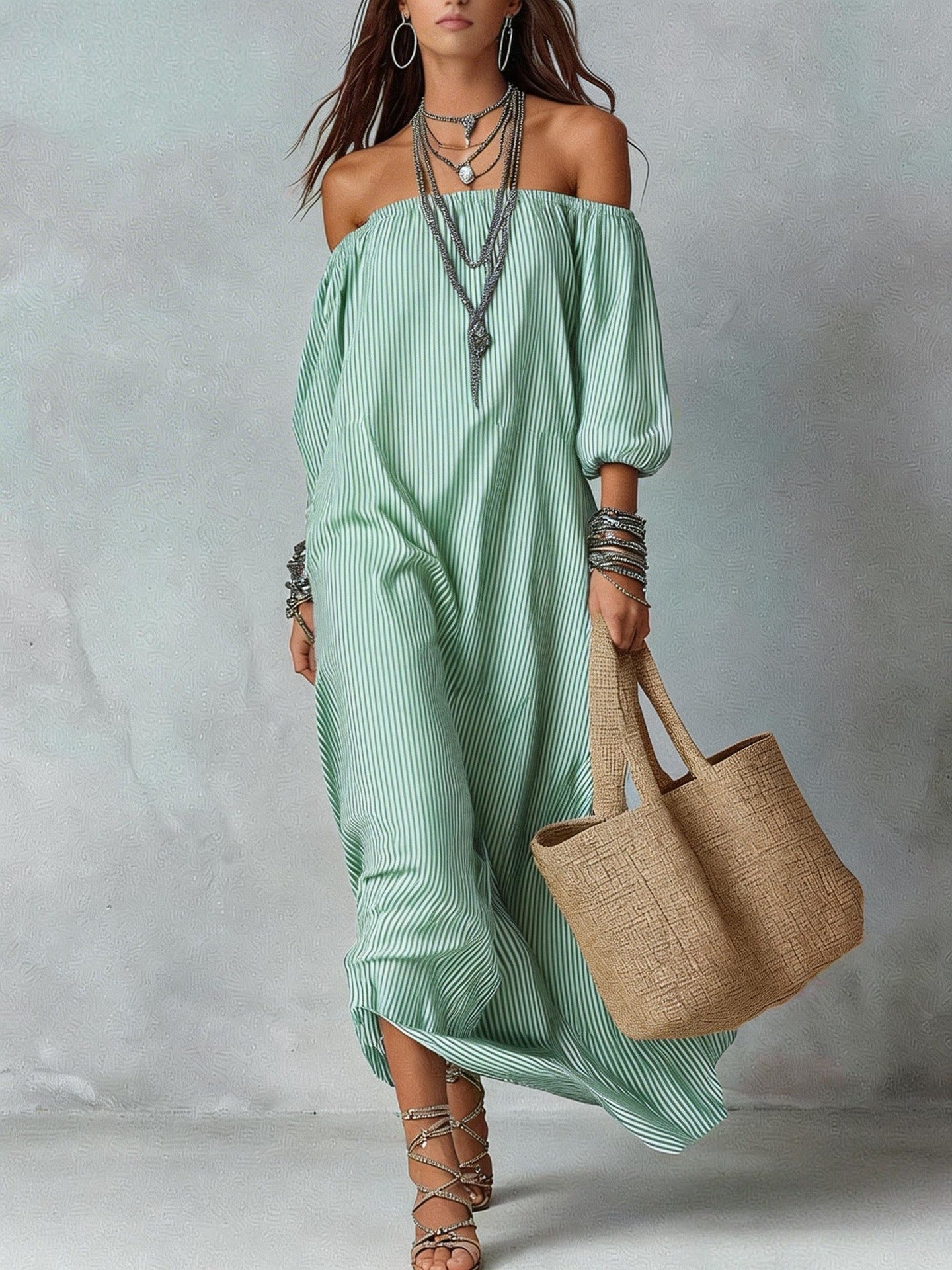 Women's Striped Loose-Fit Flared Maxi Dress – Holiday & Vacation