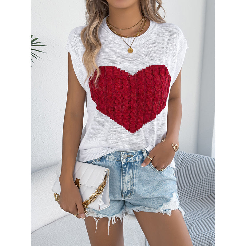 Women’s Heart Color Block Knit Top – Casual Sleeveless Valentine Tank