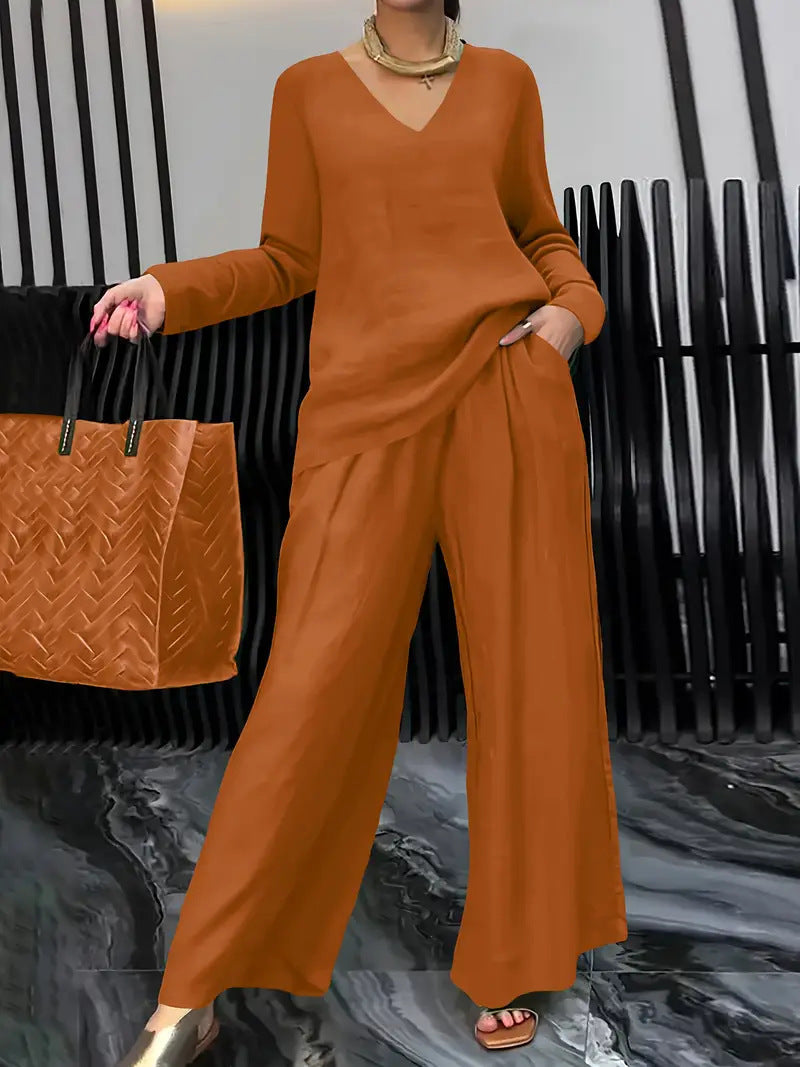 Solid Color Long Sleeve Top & Pants Two-Piece Travel Set