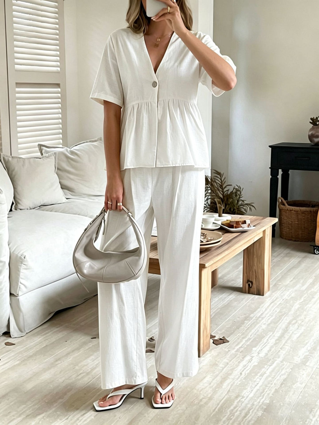 Women's V-Neck Loose Short-Sleeve Top & Wide-Leg Pants Set