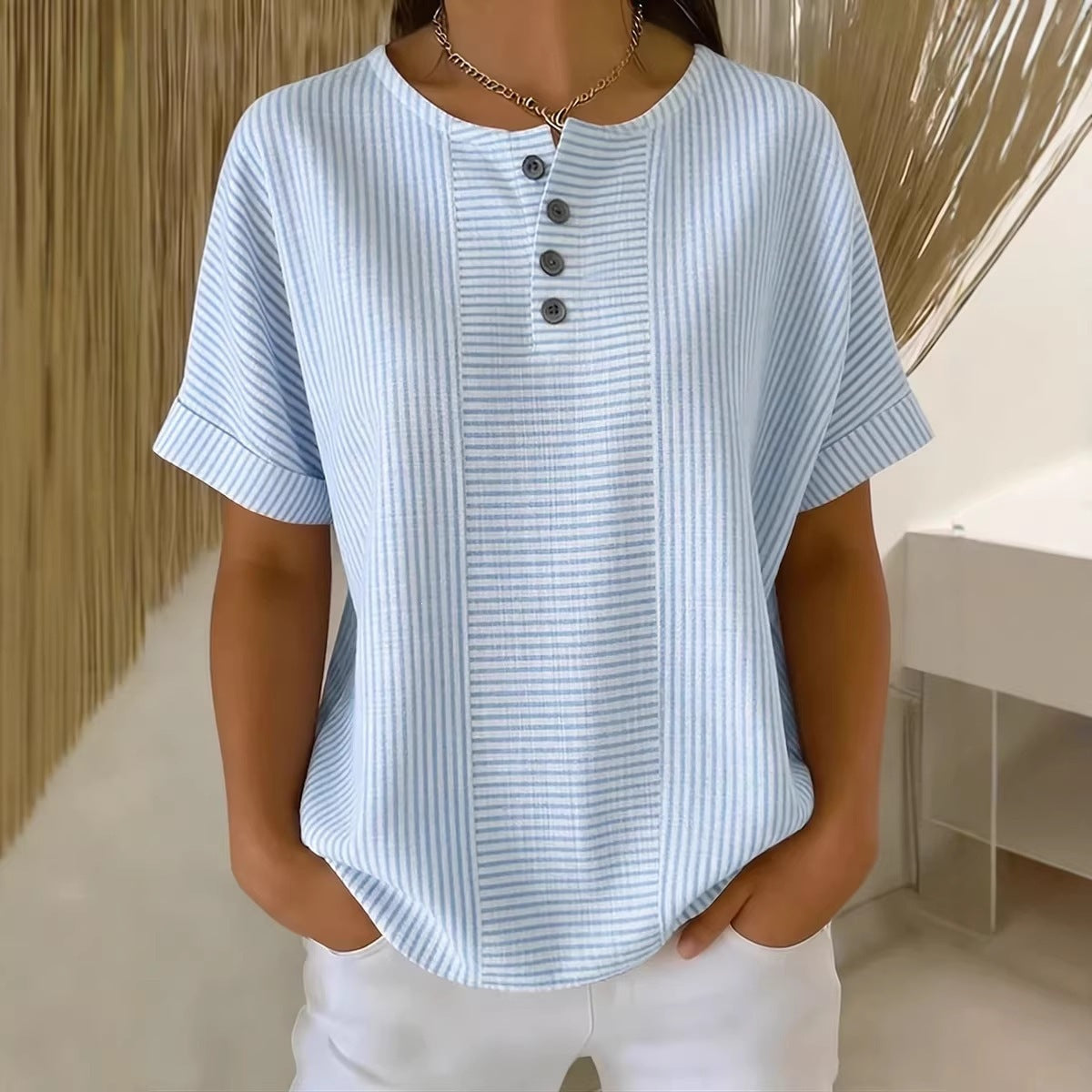 Women's Striped T-Shirt – V-Neck, Button Detail, Loose Fit