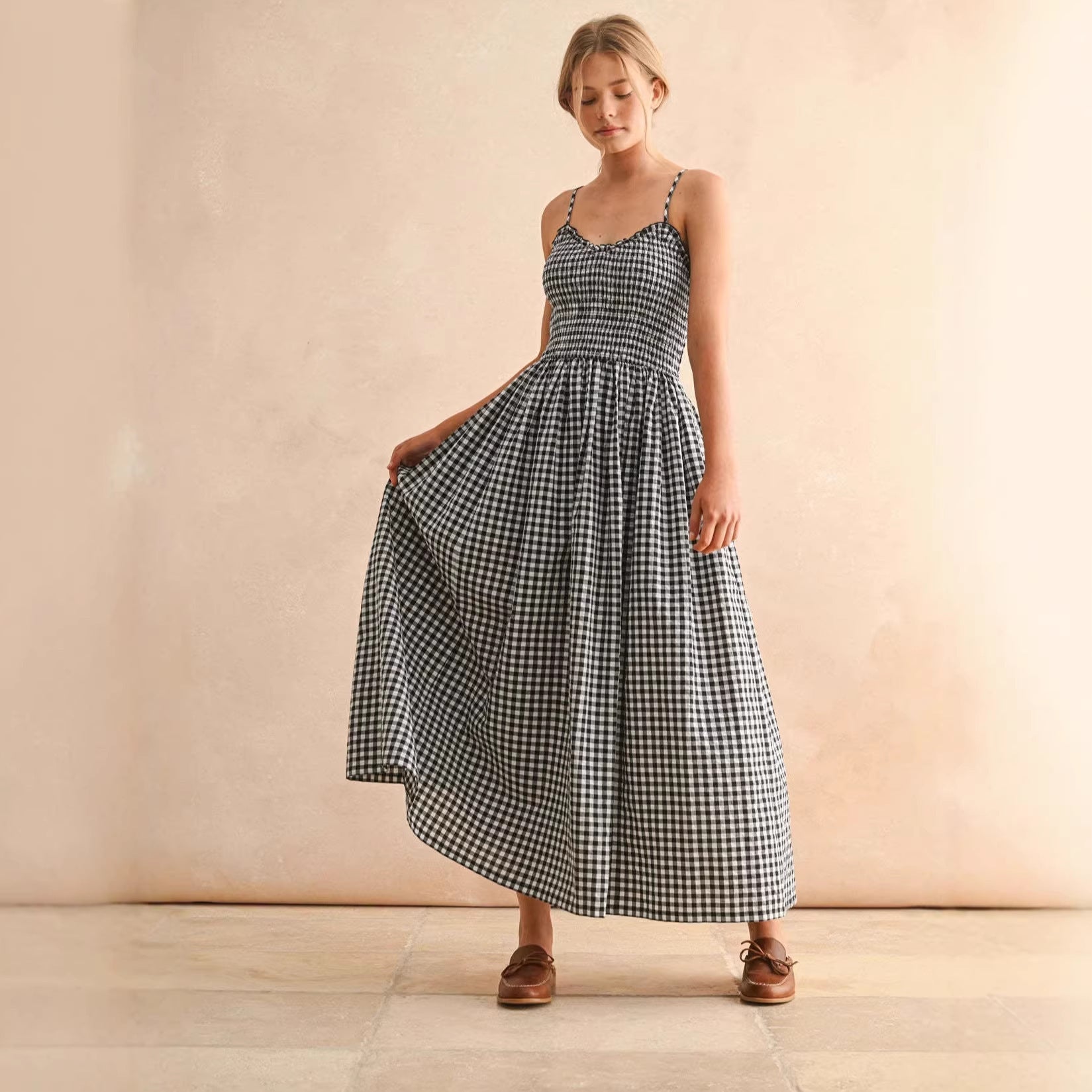 Women's Retro Plaid Sleeveless A-Line Maxi Dress – Fitted Waist Pleated Sundress