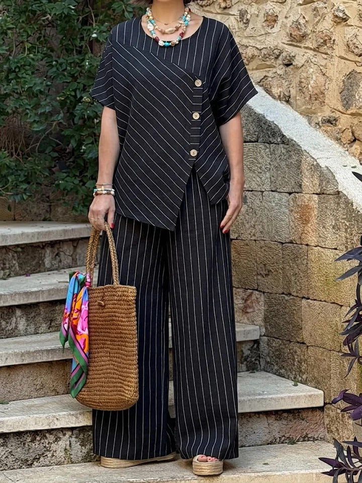 Striped Shirt & Loose Pants Set – Three-Quarter Sleeve Two-Piece