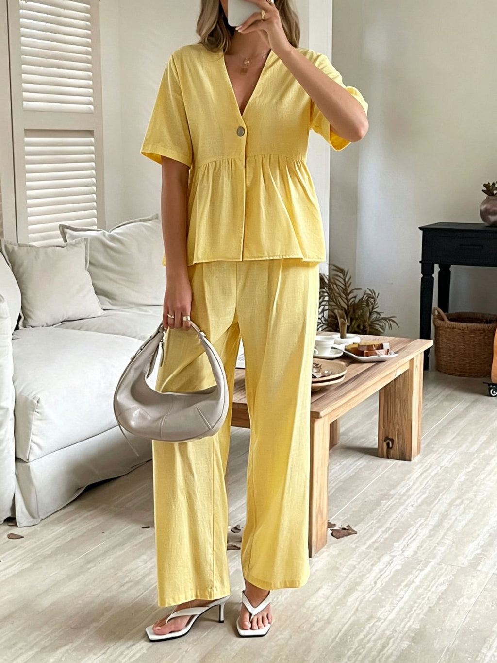 Women's V-Neck Loose Short-Sleeve Top & Wide-Leg Pants Set