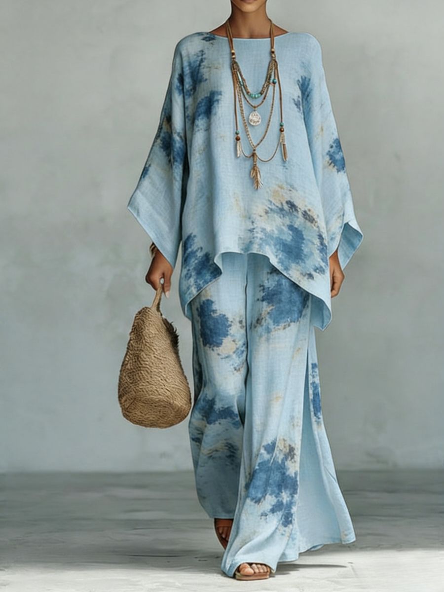 Floral Print Bamboo Linen Two-Piece Set | Wide-Leg Pants