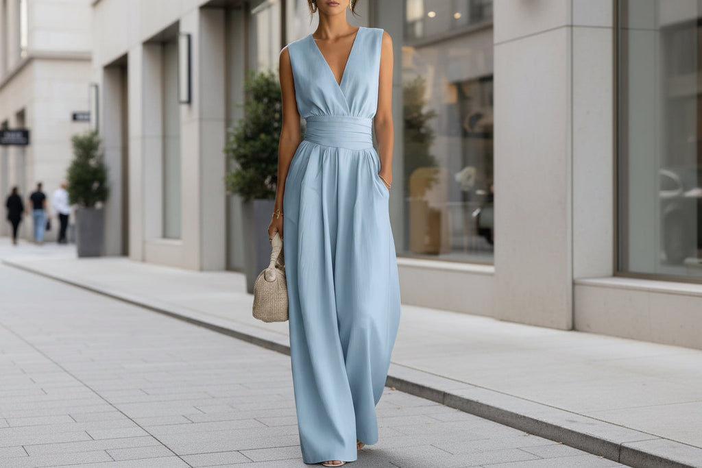 Women's Elegant V-Neck Sleeveless Jumpsuit – Waist-Cinching Straight Leg