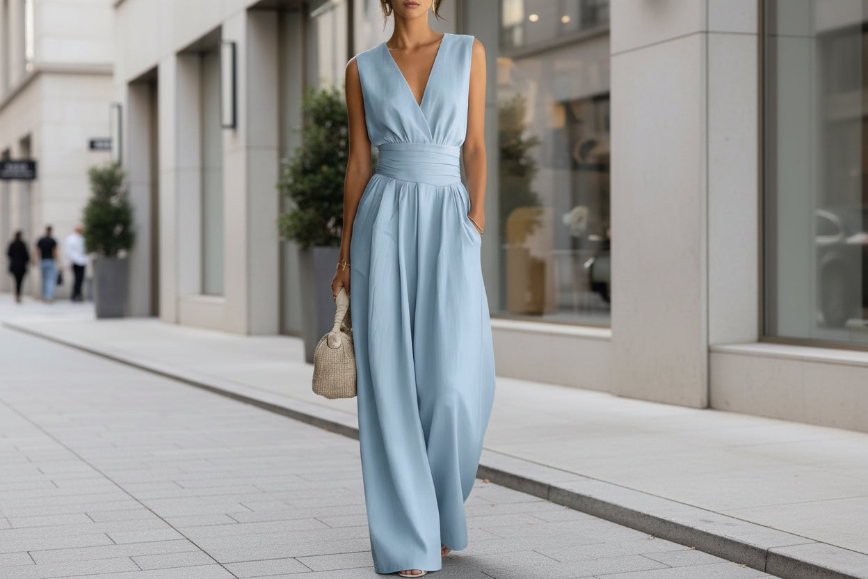 Women's Elegant V-Neck Sleeveless Jumpsuit – Waist-Cinching Straight Leg