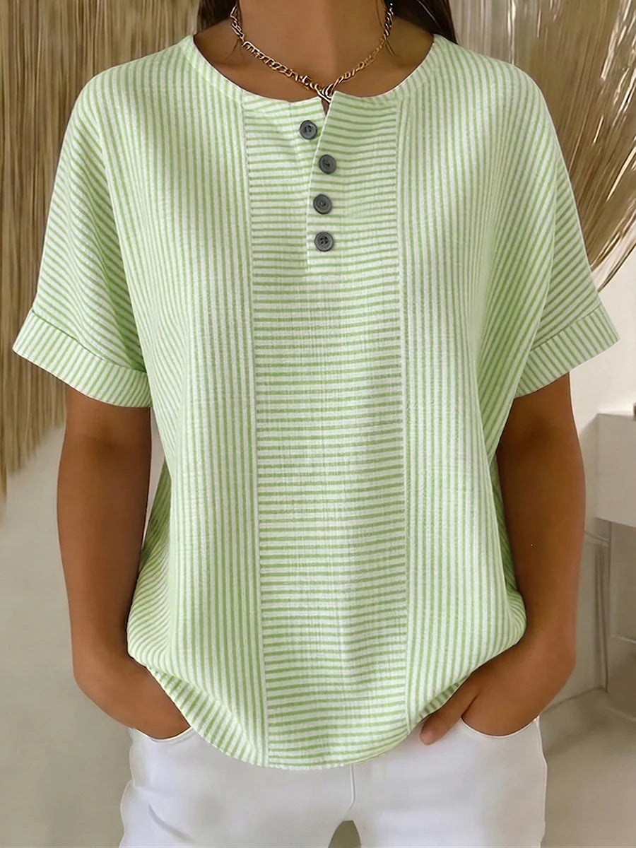Women's Striped T-Shirt – V-Neck, Button Detail, Loose Fit