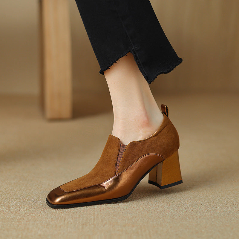 Women's Retro Cowhide Square Toe Chunky Heel Slip-On Pumps