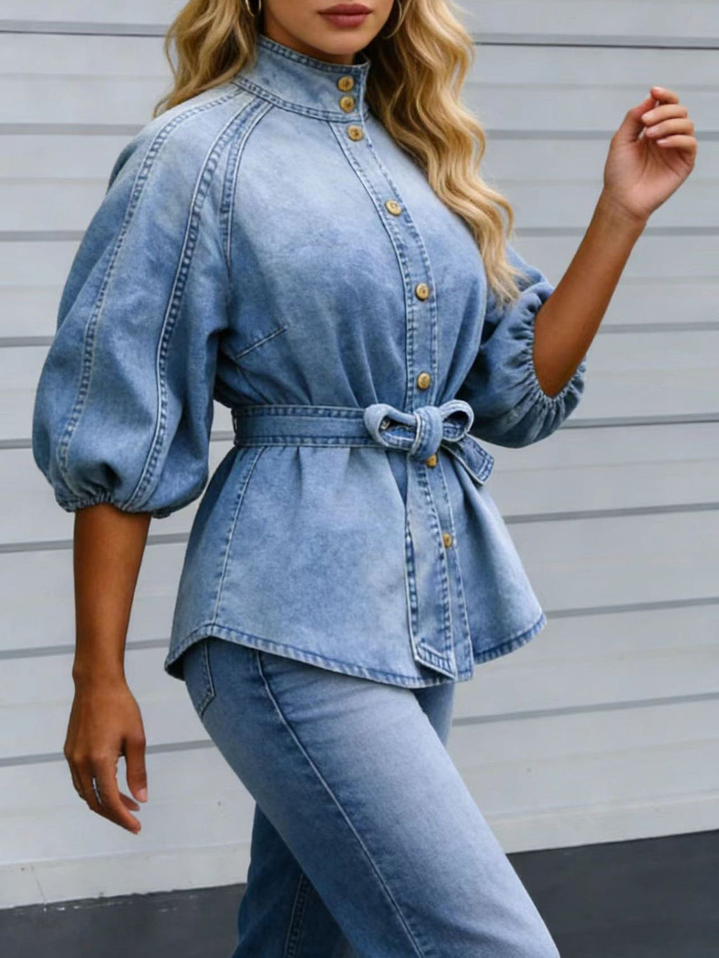 Women's Retro Washed Denim Top | Lantern Sleeve Stand Collar Belted Shirt in Blue | S–XXL