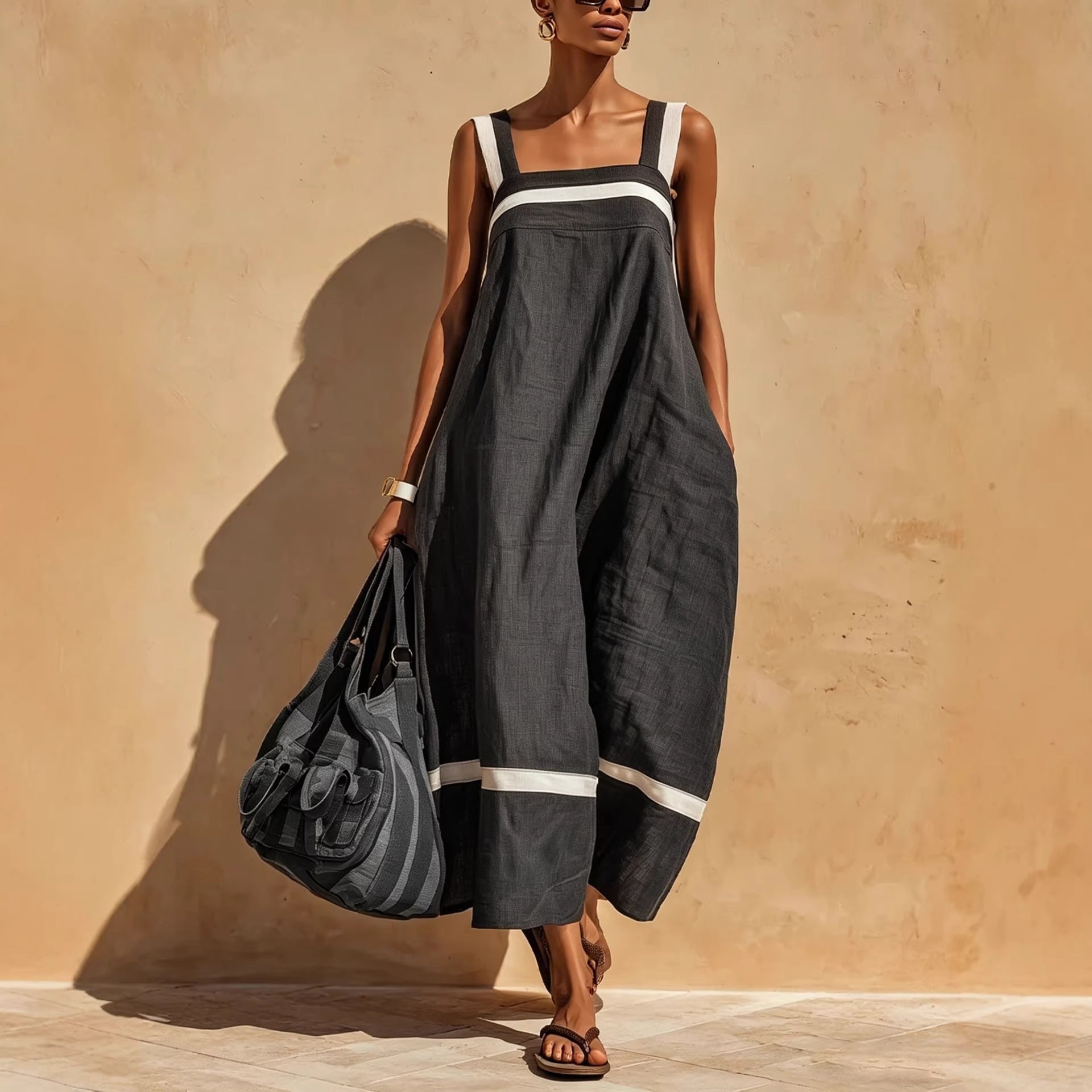 Women's Contrast Strap Casual Loose Midi Dress – Linen Blend