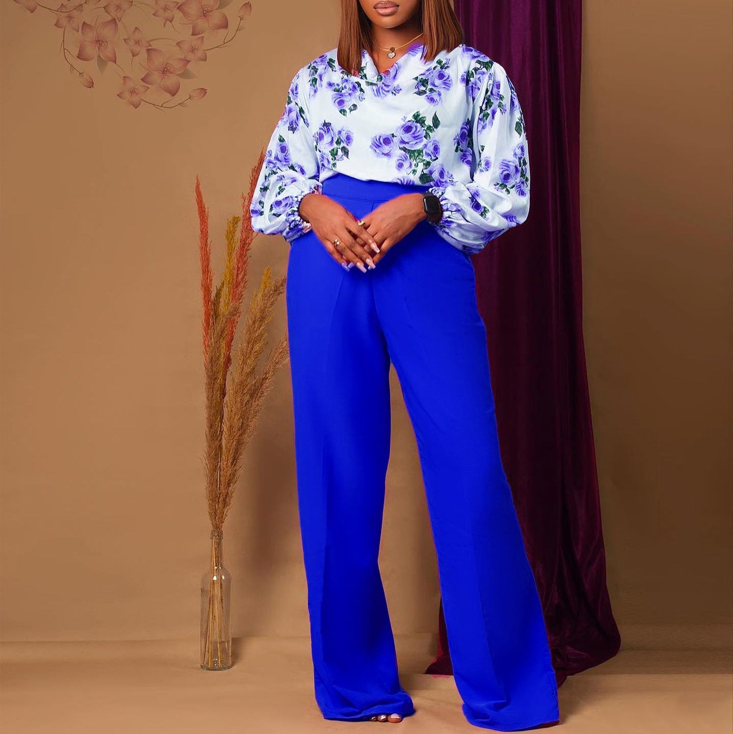 Printed Floral Lace-Up Top & Wide-Leg Pants Set – 4 Colors, S–3XL