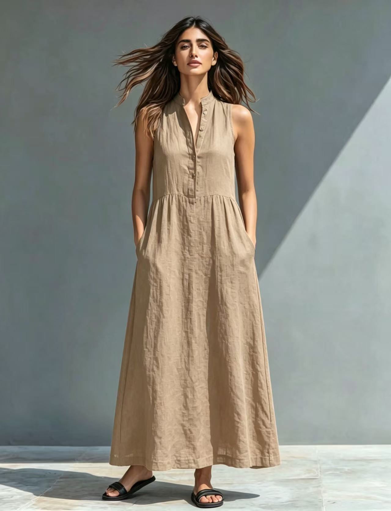 Women's Stand-Collar A-Line Maxi Dress – Resort & Vacation Style
