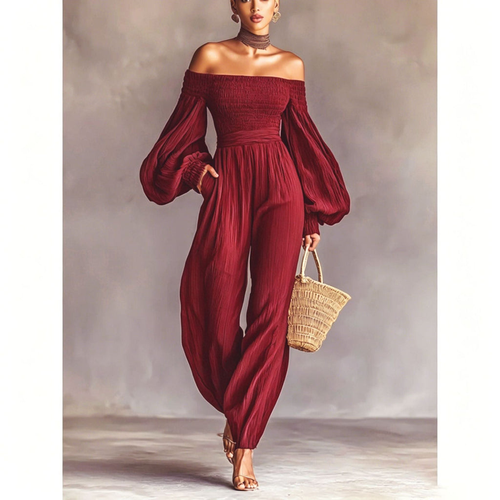 Women's Off-Shoulder Lantern Sleeve Pleated Loose Jumpsuit