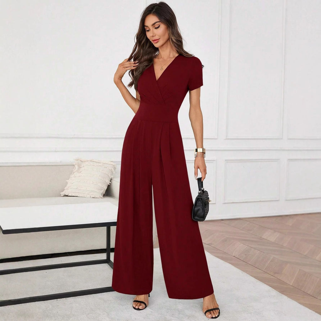 Three-Quarter Sleeve Pleated Wide-Leg Jumpsuit | 2 Colors S–XL