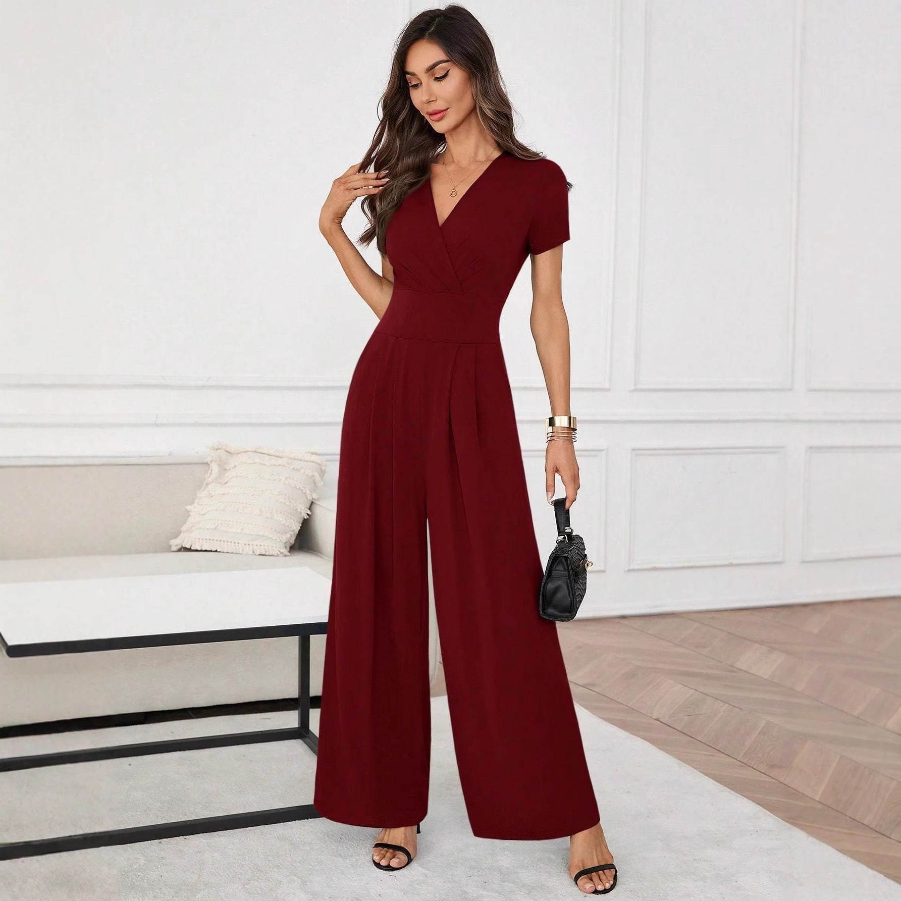 Three-Quarter Sleeve Pleated Wide-Leg Jumpsuit | 2 Colors S–XL