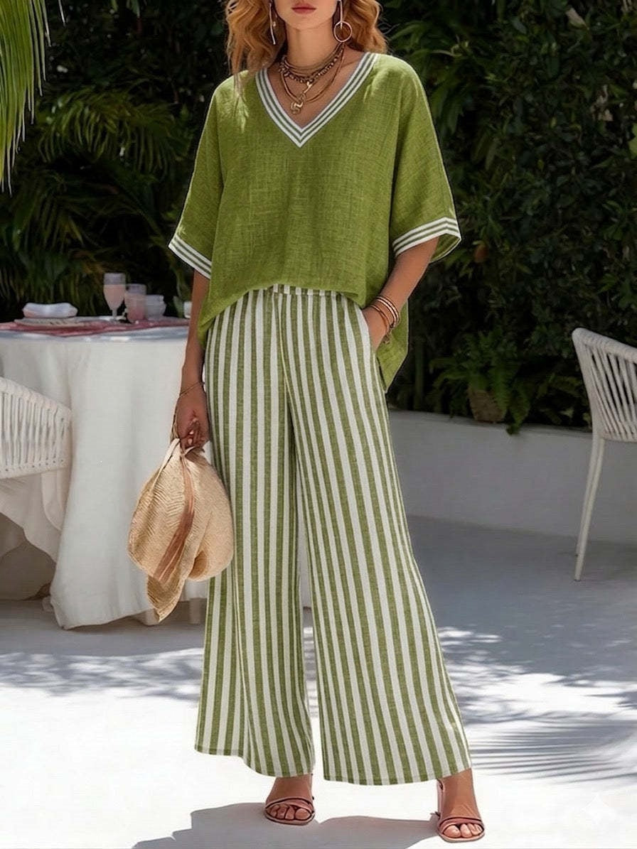 Women's Striped Tunic Top & Casual Trousers Two-Piece Set