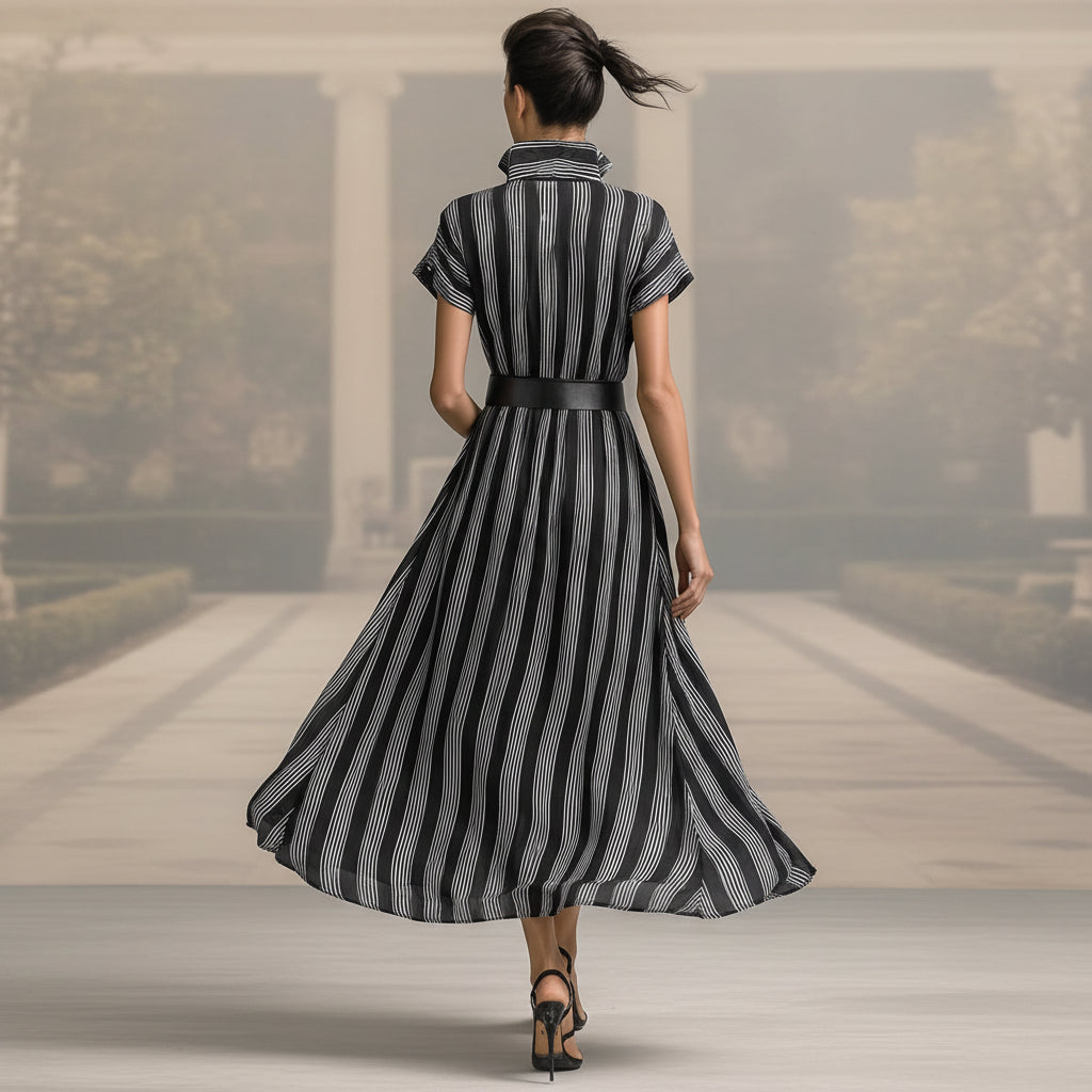 Women's Striped Long Sleeve Button-Up High Waist Flared Maxi Shirt Dress – Black & White