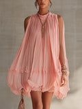 Women's Sleeveless Pleated Puff Skirt A-Line Mini Dress – Ruffled Hem Baby Doll