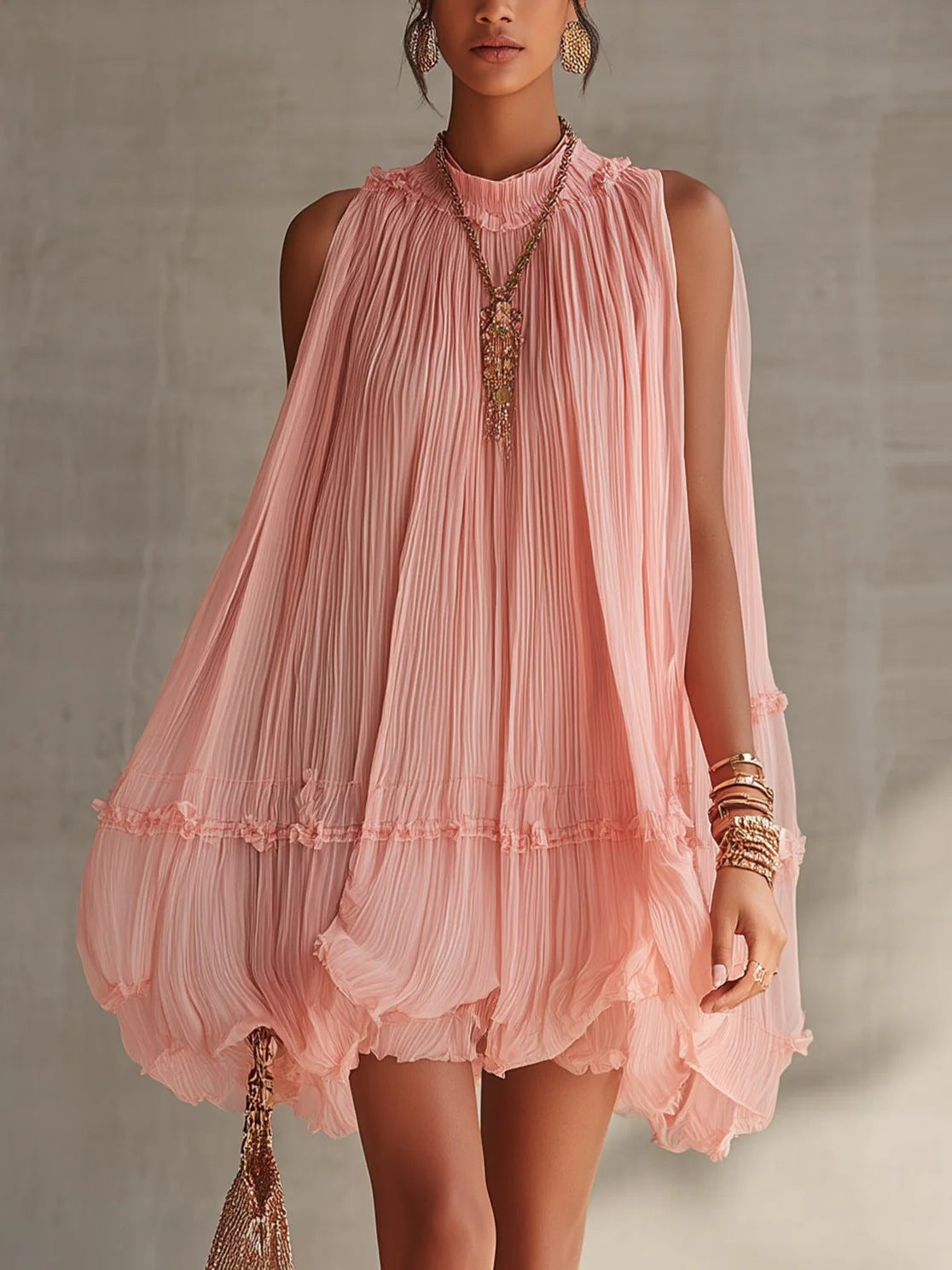 Women's Sleeveless Pleated Puff Skirt A-Line Mini Dress – Ruffled Hem Baby Doll